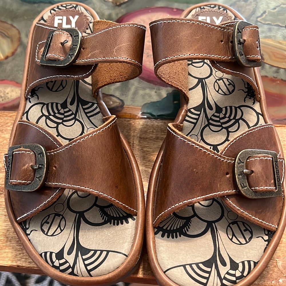 Fly London Brown Leather Double Buckle Slide Sandals